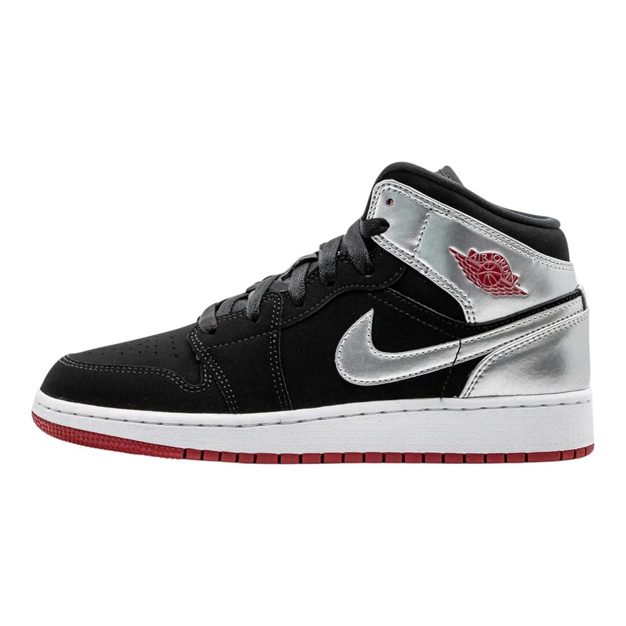 Jordan 1 Mid Youth Sneakers Black/Gym Red/Metallic Silver