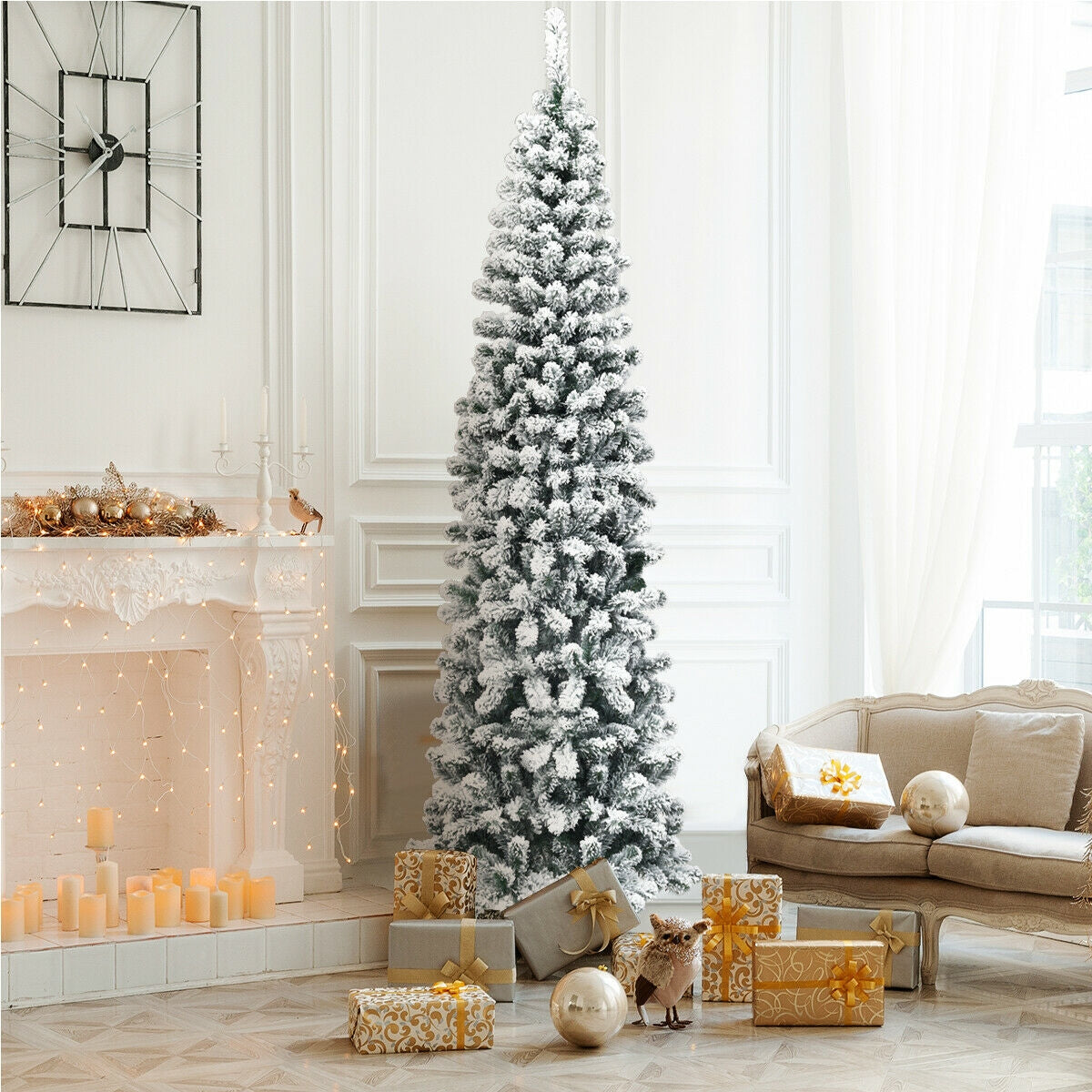 WONDERWALL ‘Noël DuBois’ 7.5 ft Unlit Snow-Flocked Pencil Christmas Tree