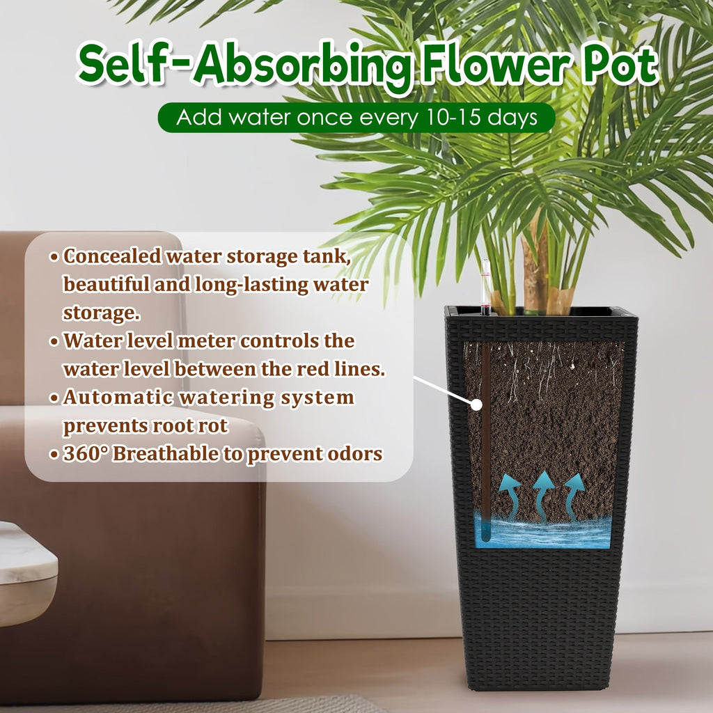 WONDERWALL 'Une Collection' Square Planters with Automatic Watering System - Faux Rattan, Pack of 2