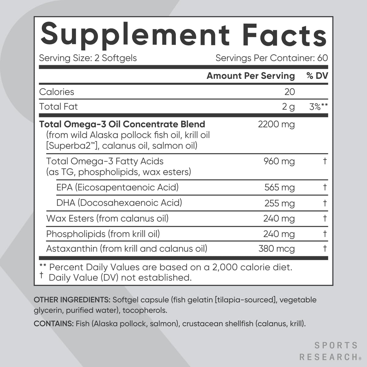 Total Omega - 3 Fish Oil 2200mg - Made from Antarctic Krill w/Astaxanthin, Wild Sockeye Salmon & Alaska Pollock - 960mg of EPA & DHA - 120 Softgels