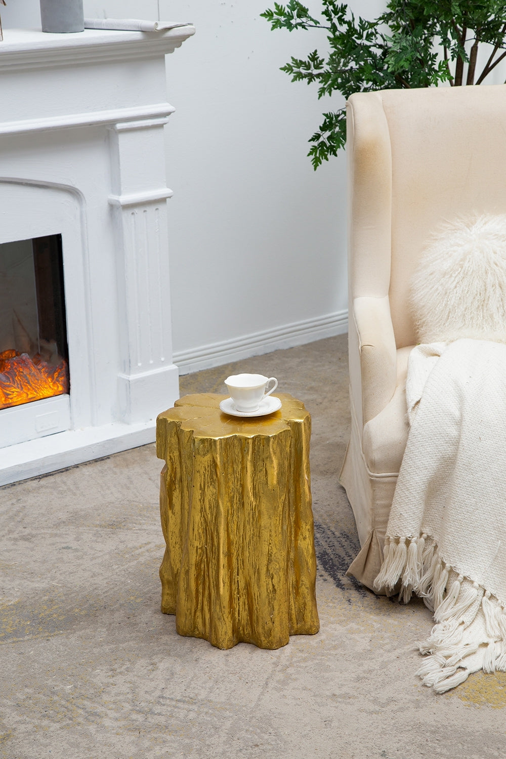 WONDERWALL 'Une Collection' Unique Golden Tree Trunk Stool with Antique Gold Distressed Finish