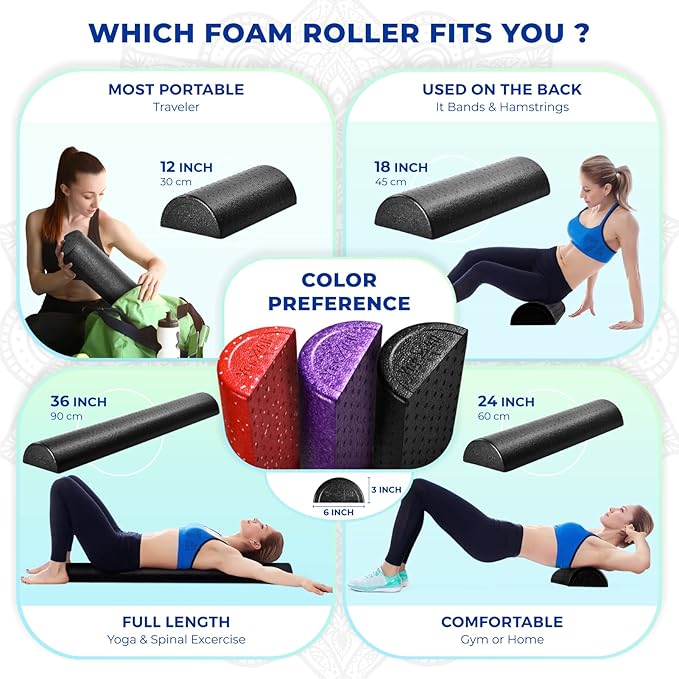 High - Density EPP Half Round Back Roller Foam, Exercise Foam Roller for Yoga, Pilates & Stretching - 12, 18, 24, 36 inch