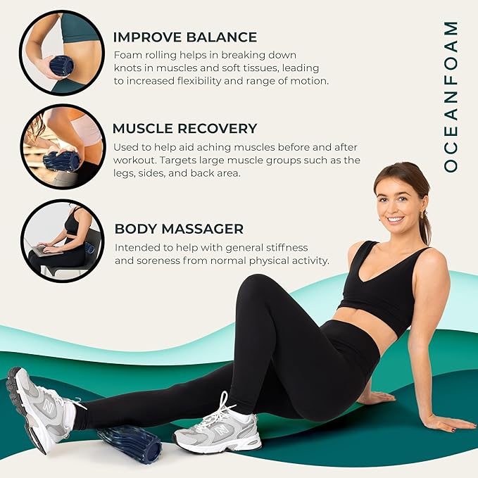 Ripple Travel Foam Roller (11" x 3.35") Firm Mini Foam Roller for Physical Therapy, Deep Tissue Massage, Back Pain - High Density, Wave Textured - Yoga (Dark Navy, Hunter & Seafoam Marbled)
