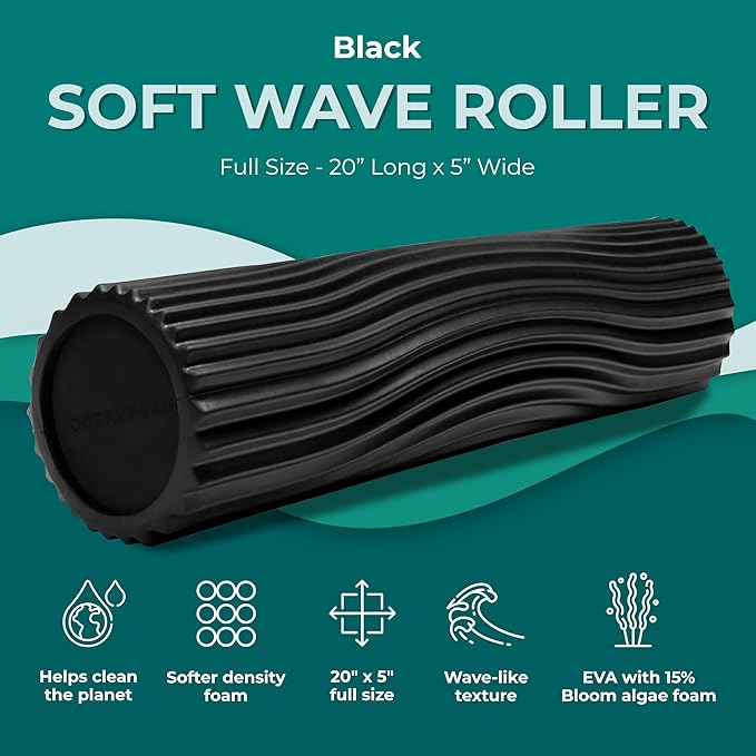 Soft Tidal Roller (Black) - Low Density Foam Roller for Physical Therapy, Back Pain, Excercise & Stretching - Wave Textured - Yoga, Athletics, & Wellness - Full Size, 20" x 5"