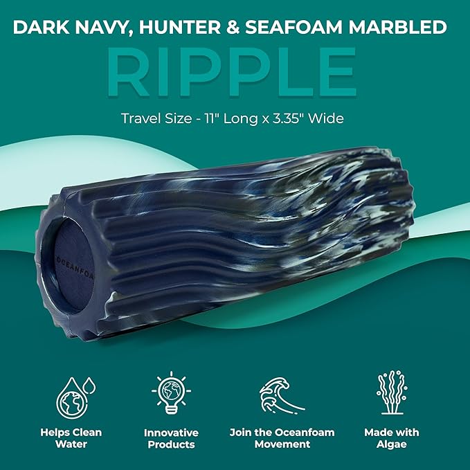 Ripple Travel Foam Roller (11" x 3.35") Firm Mini Foam Roller for Physical Therapy, Deep Tissue Massage, Back Pain - High Density, Wave Textured - Yoga (Dark Navy, Hunter & Seafoam Marbled)