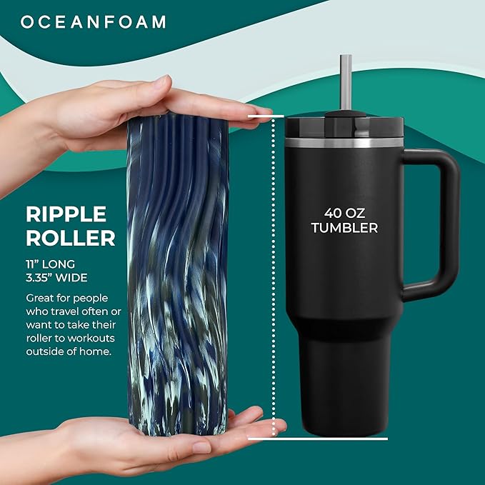 Ripple Travel Foam Roller (11" x 3.35") Firm Mini Foam Roller for Physical Therapy, Deep Tissue Massage, Back Pain - High Density, Wave Textured - Yoga (Dark Navy, Hunter & Seafoam Marbled)
