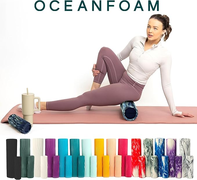 Ripple Travel Foam Roller (11" x 3.35") Firm Mini Foam Roller for Physical Therapy, Deep Tissue Massage, Back Pain - High Density, Wave Textured - Yoga (Dark Navy, Hunter & Seafoam Marbled)