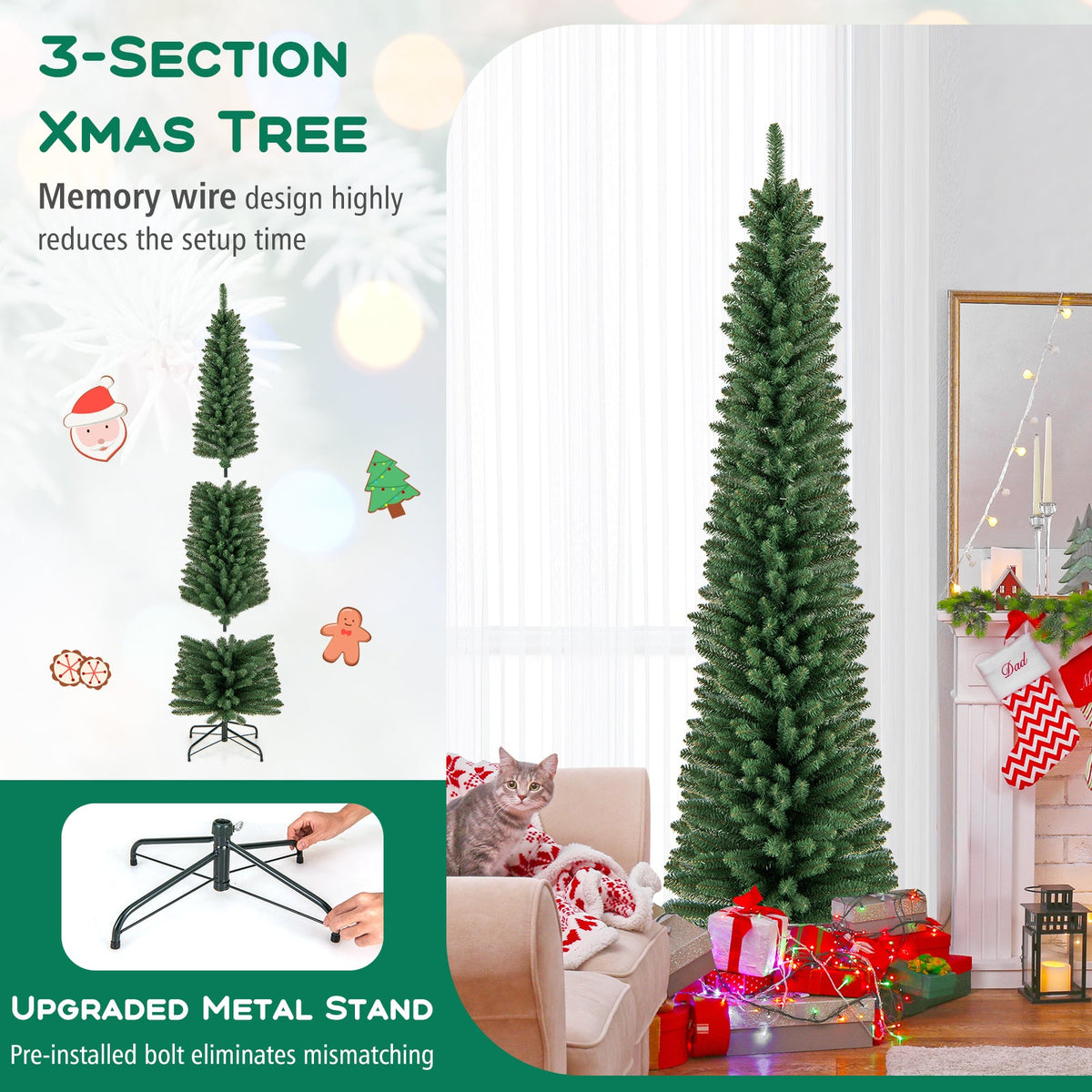 WONDERWALL ‘Noël DuBois’ Unlit Pencil Artificial Christmas Tree with Memory-Wire Branches — Multiple Sizes