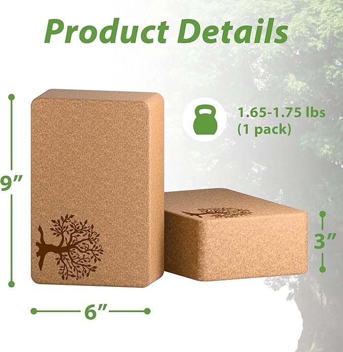 Cork Yoga Blocks 2 Pack Set, Natural Cork Soft Non - Slip Yoga Blocks, High Density & Eco Friendly Yoga Accessories | Men, Ideal for Yoga, Pilates, Stretching and Toning