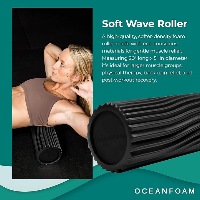 Soft Tidal Roller (Black) - Low Density Foam Roller for Physical Therapy, Back Pain, Excercise & Stretching - Wave Textured - Yoga, Athletics, & Wellness - Full Size, 20" x 5"