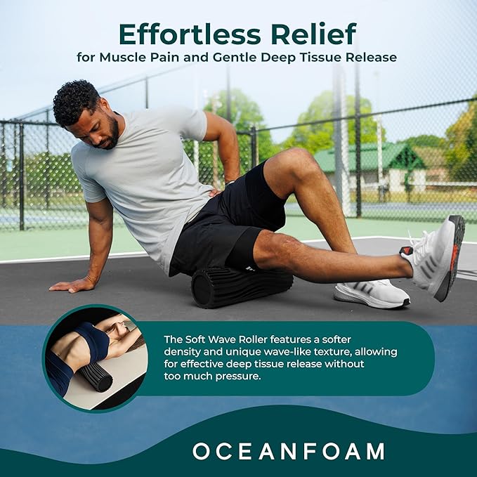 Soft Tidal Roller (Black) - Low Density Foam Roller for Physical Therapy, Back Pain, Excercise & Stretching - Wave Textured - Yoga, Athletics, & Wellness - Full Size, 20" x 5"