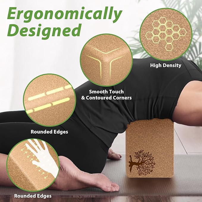 Cork Yoga Blocks 2 Pack Set, Natural Cork Soft Non - Slip Yoga Blocks, High Density & Eco Friendly Yoga Accessories | Men, Ideal for Yoga, Pilates, Stretching and Toning