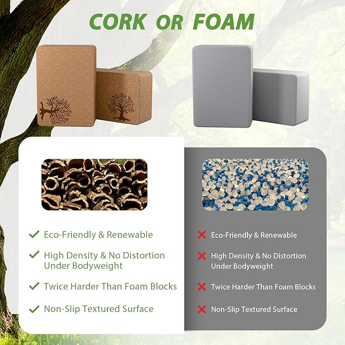 Cork Yoga Blocks 2 Pack Set, Natural Cork Soft Non - Slip Yoga Blocks, High Density & Eco Friendly Yoga Accessories | Men, Ideal for Yoga, Pilates, Stretching and Toning
