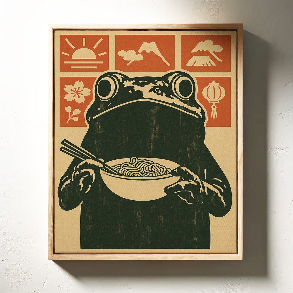Ramen Frog Art in Retro Woodblock Style