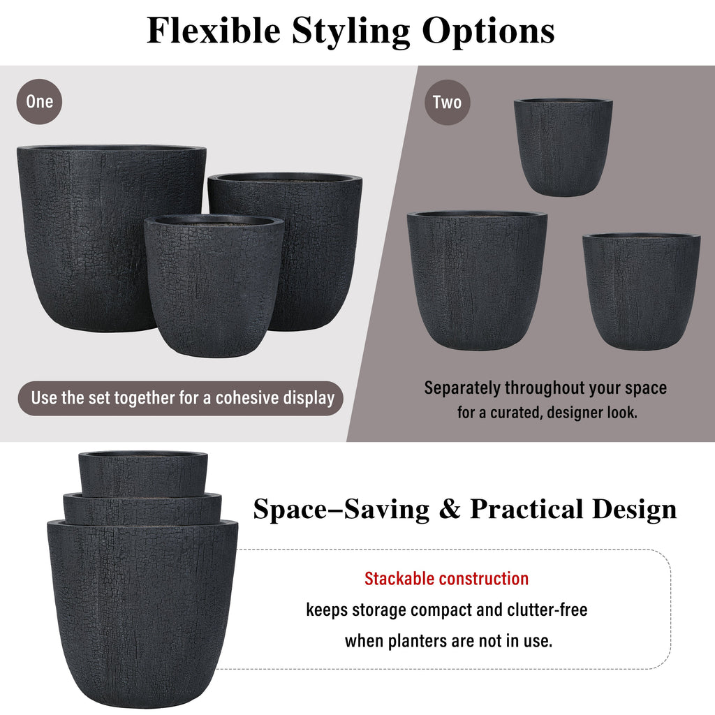WONDERWALL 'Une Collection' Lightweight MGO Planter Set of 3 with Crackle Texture - Neutral
