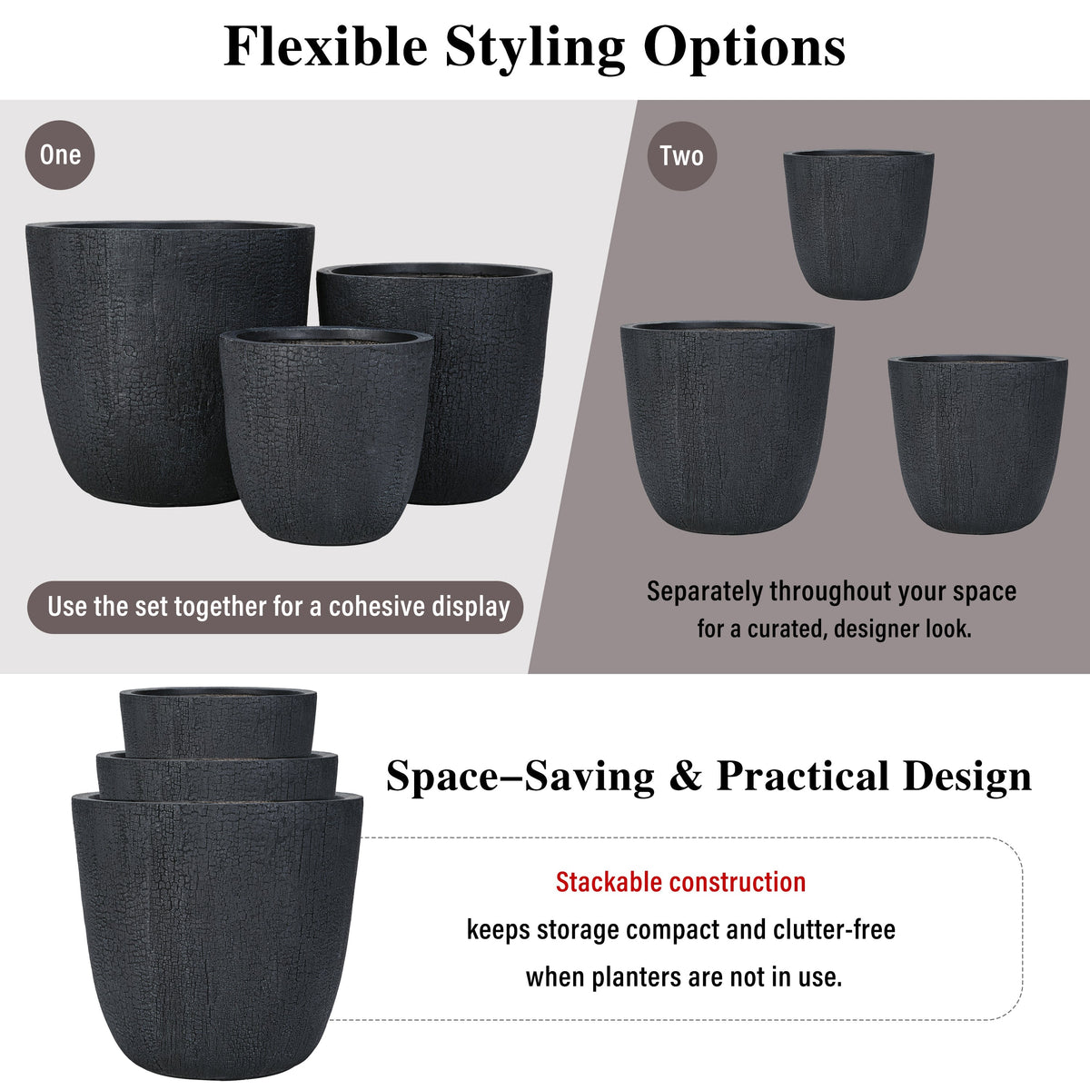 WONDERWALL 'Une Collection' Lightweight MGO Planter Set of 3 with Crackle Texture - Neutral