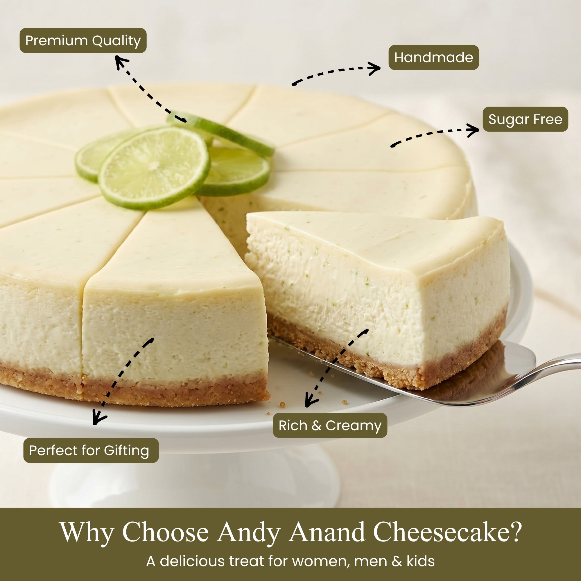 Andy Anand Sugar - Free Key Lime Cheesecake, 9 - Inch, 2 lb – No Sugar Added, Diabetic - Friendly, Real California Cream Cheese, Holiday Gift Box