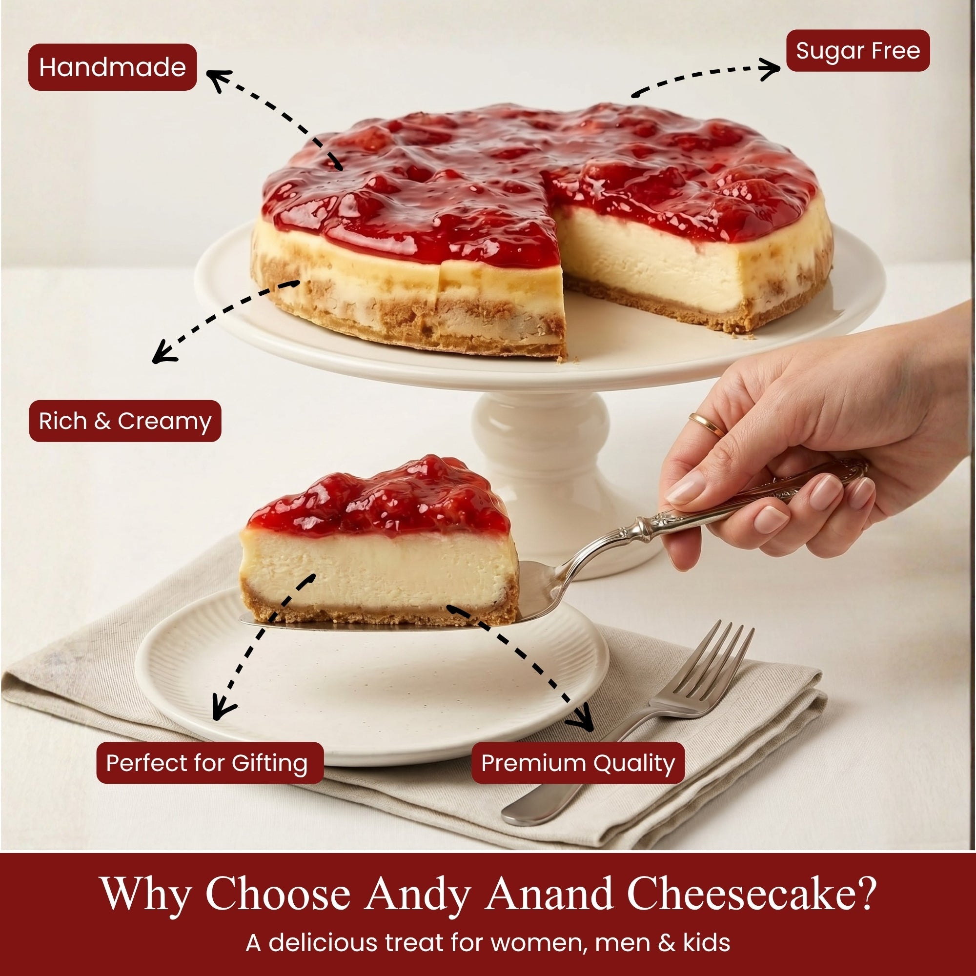 Andy Anand Sugar - Free Strawberry Cheesecake, 9 - Inch, 2.6 lb – Diabetic - Friendly, California Cream Cheese, No Preservatives, Birthday Gift