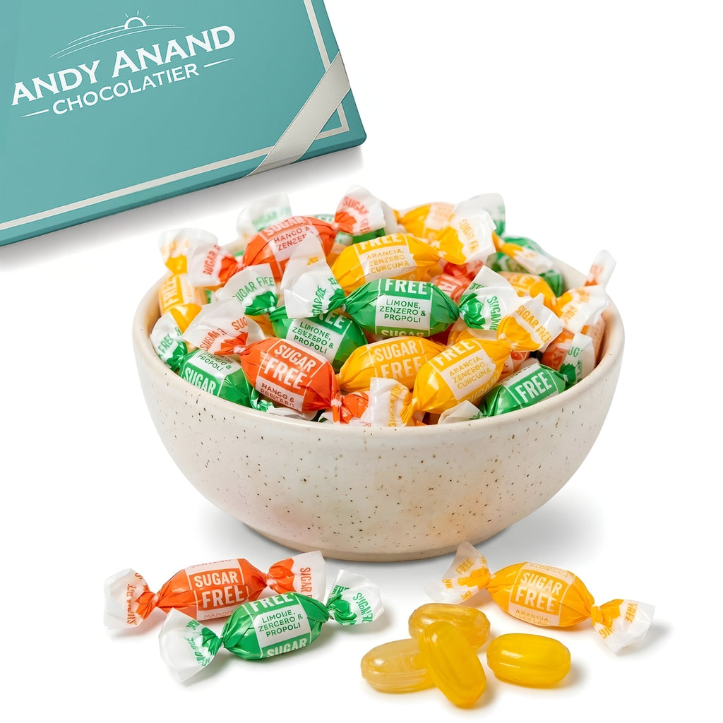 Andy Anand Sugar - Free Ginger Candy, 55 pc, 7 oz – Orange, Mango & Lemon Flavors, Made in Italy, Imported Keto & Diabetic - Friendly Gift Box
