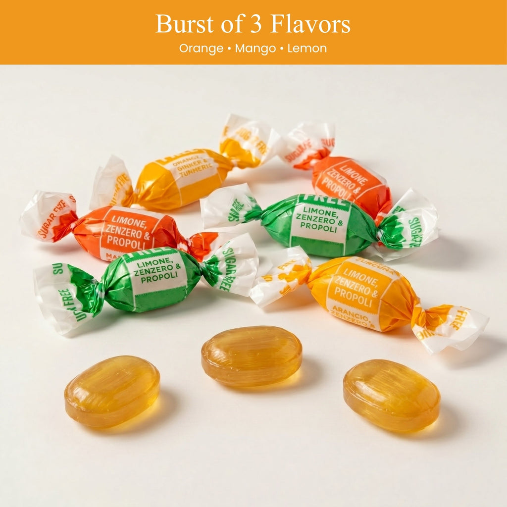 Andy Anand Sugar - Free Ginger Candy, 55 pc, 7 oz – Orange, Mango & Lemon Flavors, Made in Italy, Imported Keto & Diabetic - Friendly Gift Box