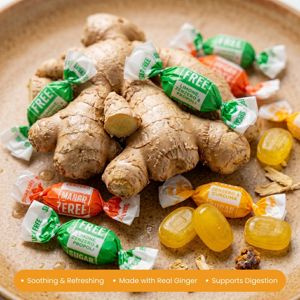 Andy Anand Sugar - Free Ginger Candy, 55 pc, 7 oz – Orange, Mango & Lemon Flavors, Made in Italy, Imported Keto & Diabetic - Friendly Gift Box