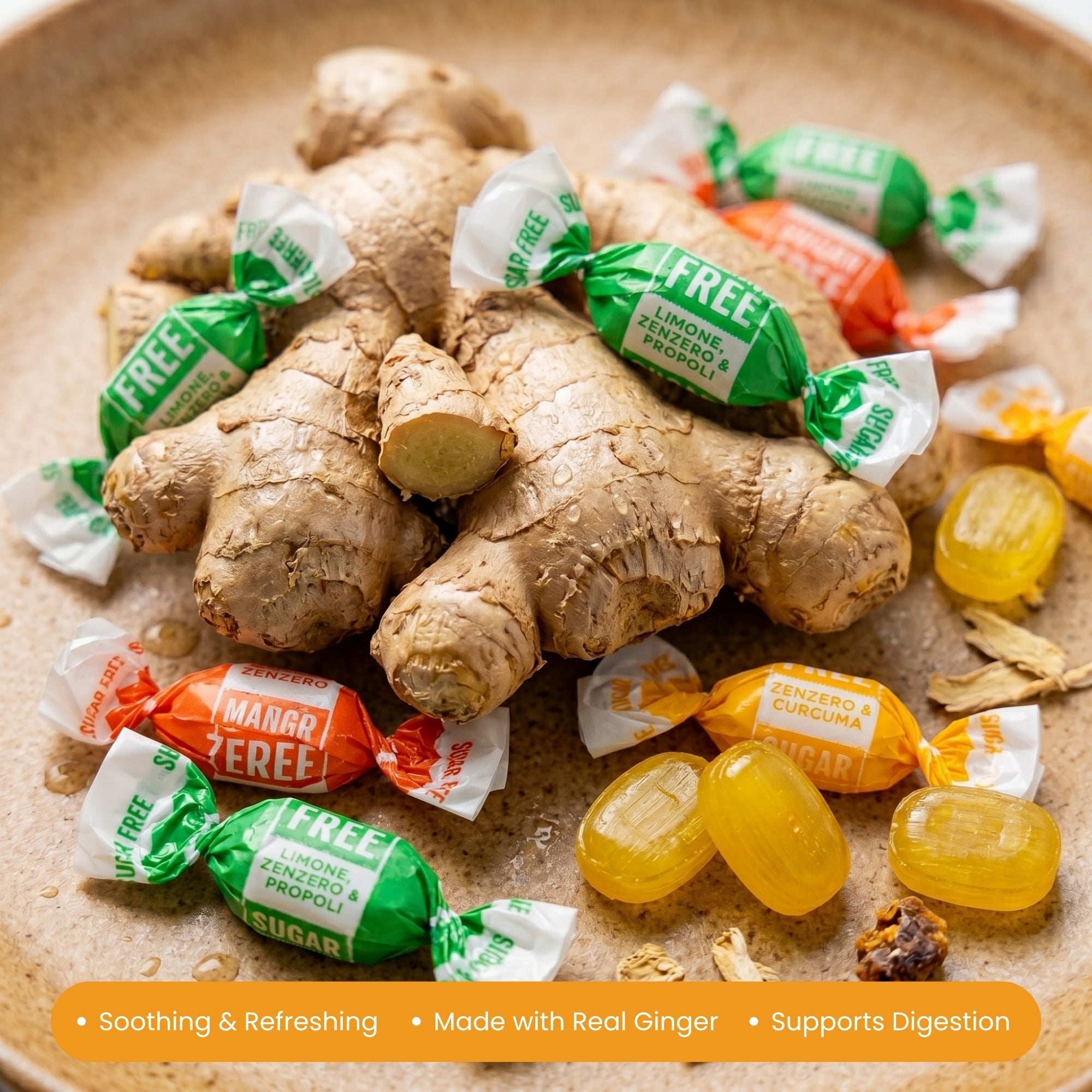 Andy Anand Sugar - Free Ginger Candy, 55 pc, 7 oz – Orange, Mango & Lemon Flavors, Made in Italy, Imported Keto & Diabetic - Friendly Gift Box
