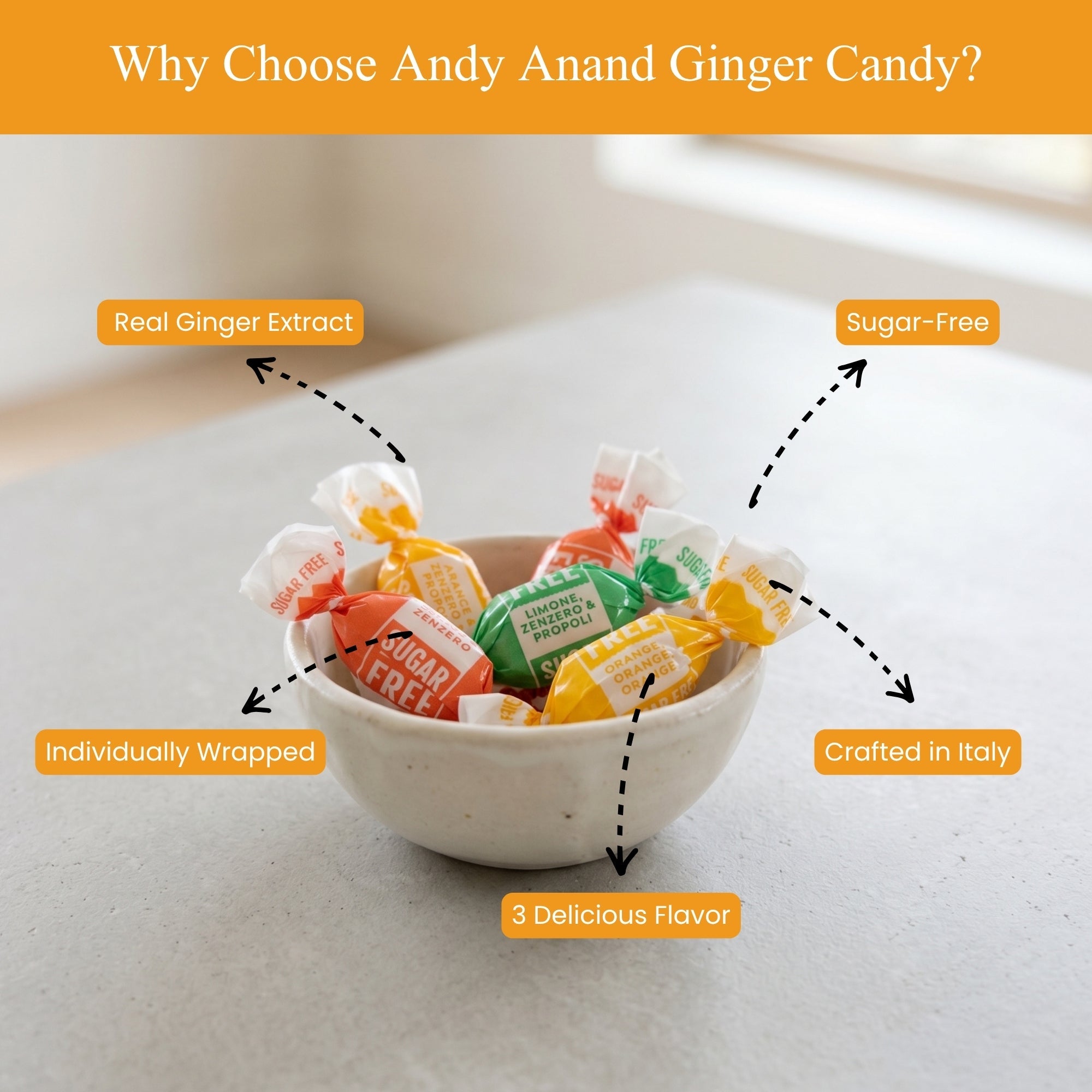 Andy Anand Sugar - Free Ginger Candy, 55 pc, 7 oz – Orange, Mango & Lemon Flavors, Made in Italy, Imported Keto & Diabetic - Friendly Gift Box