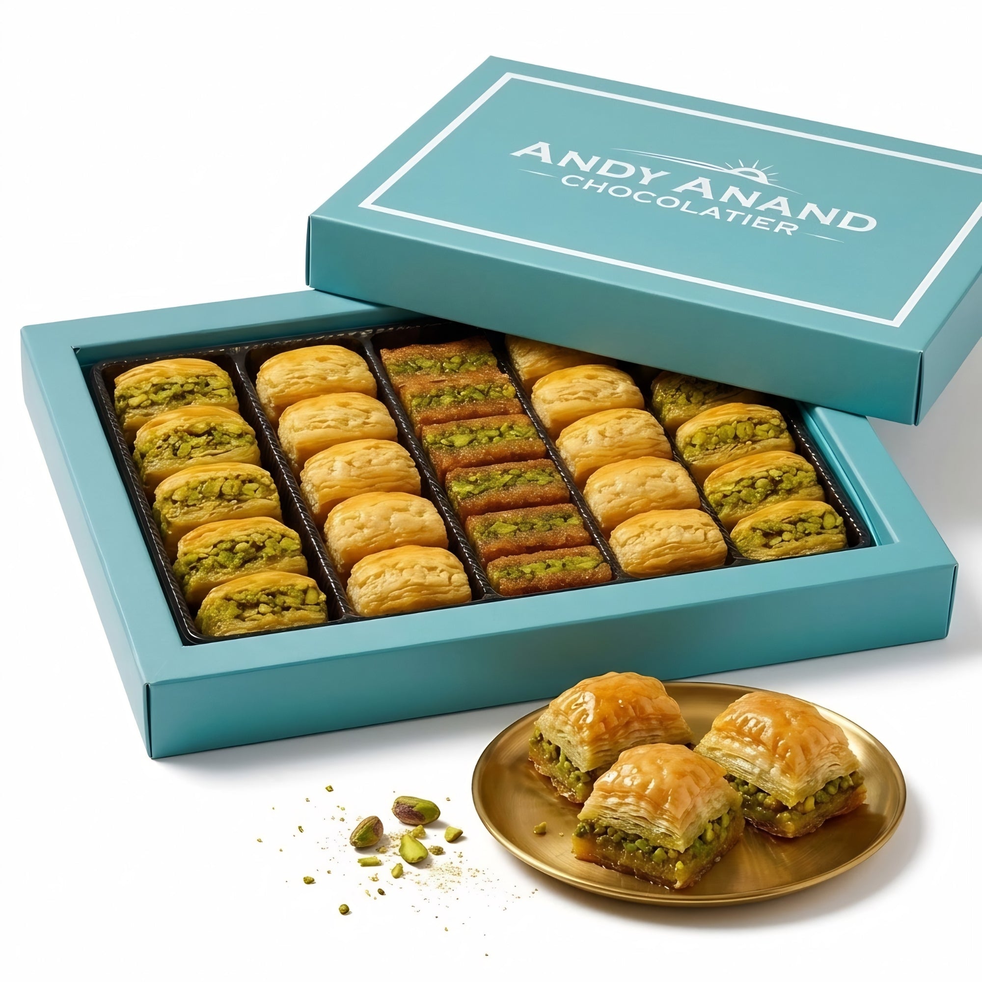 Andy Anand Sugar - Free Turkish Baklava, 26 pc, 8.8 oz – Pistachio, Walnut & Hazelnut, Flaky Phyllo, Diabetic - Friendly Birthday Gift Box