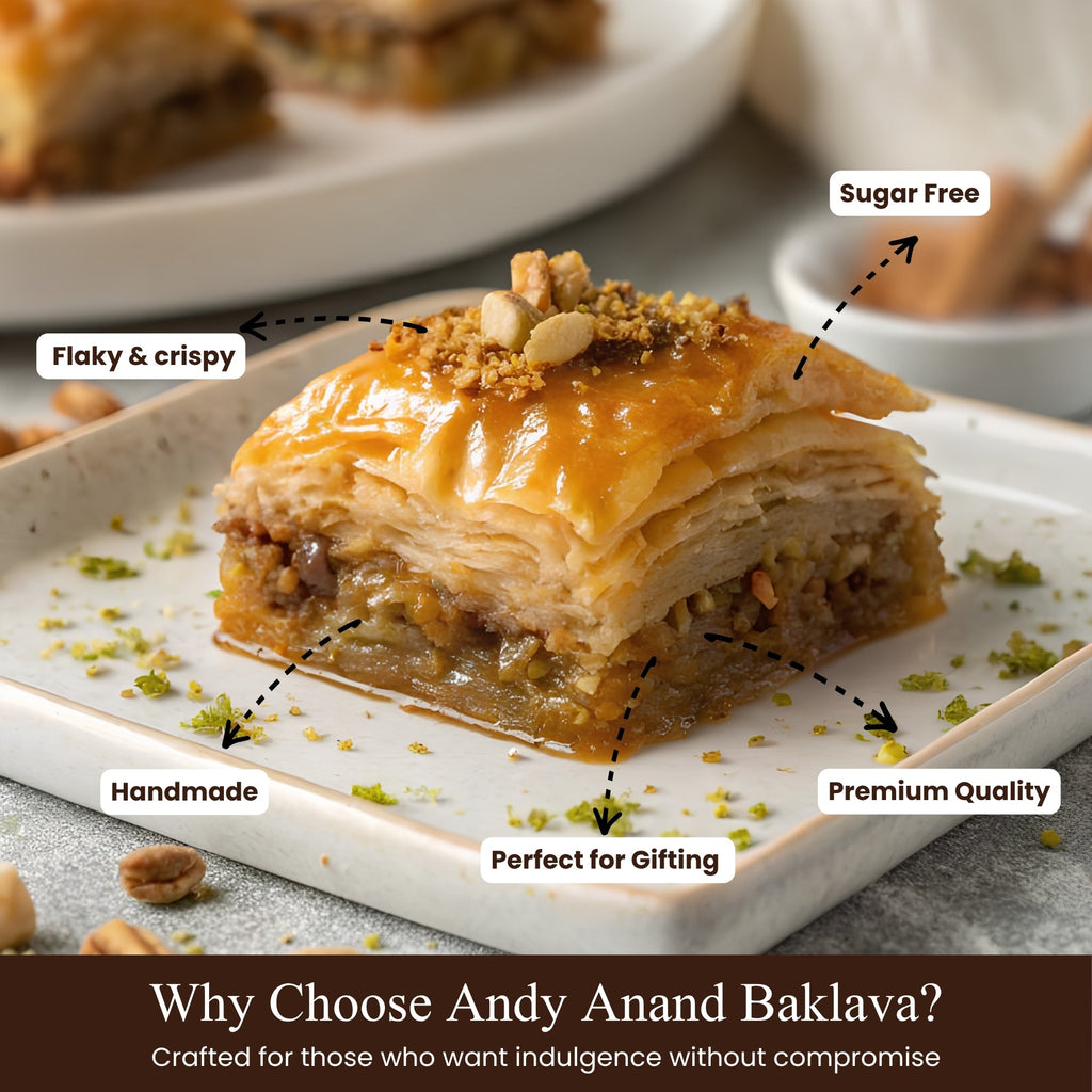 Andy Anand Sugar - Free Turkish Baklava, 26 pc, 8.8 oz – Pistachio, Walnut & Hazelnut, Flaky Phyllo, Diabetic - Friendly Birthday Gift Box