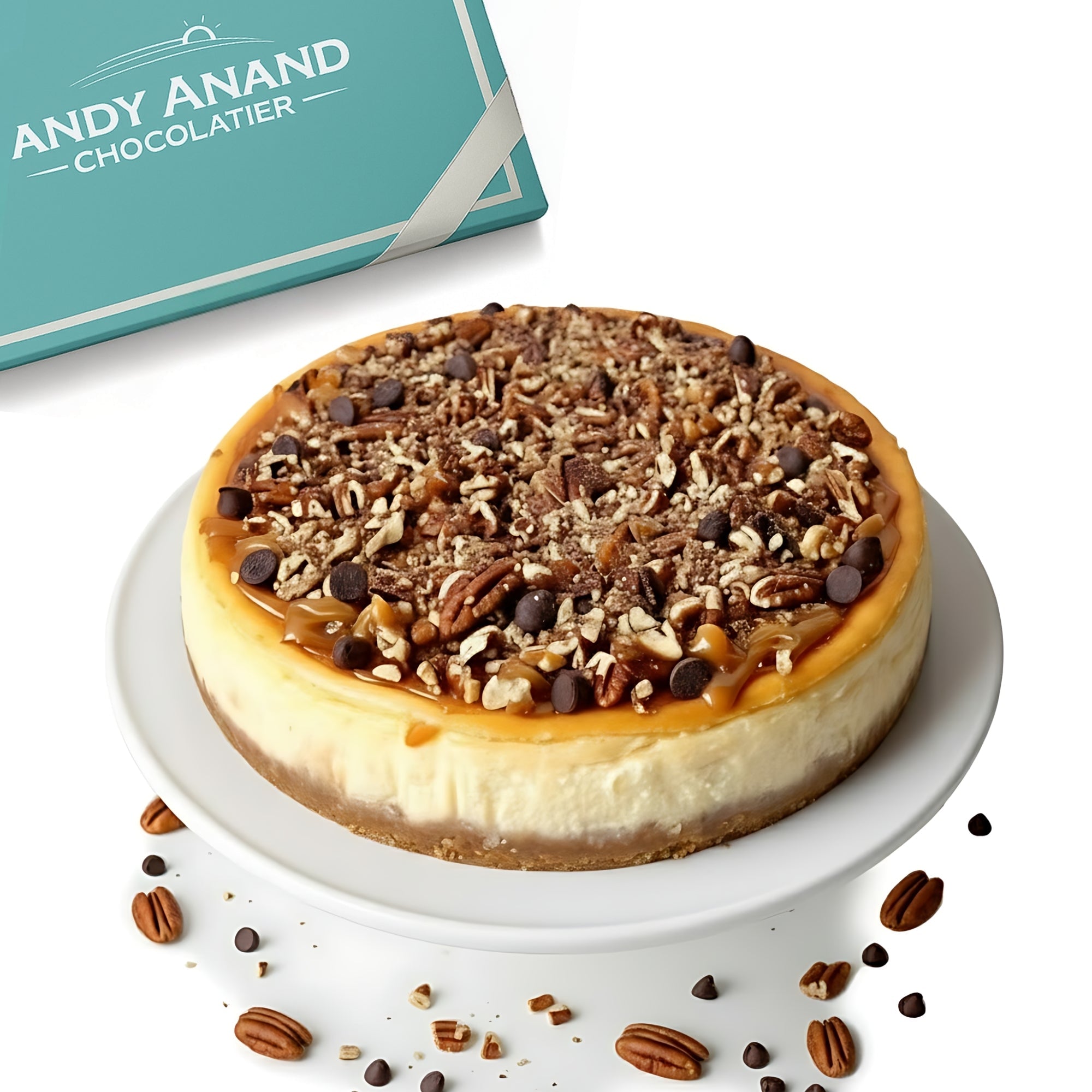 Andy Anand Sugar - Free Turtle Cheesecake, 9 - Inch, 2 lb – Caramel, Pecans & Dark Chocolate, Diabetic - Friendly, California Cream Cheese Gift