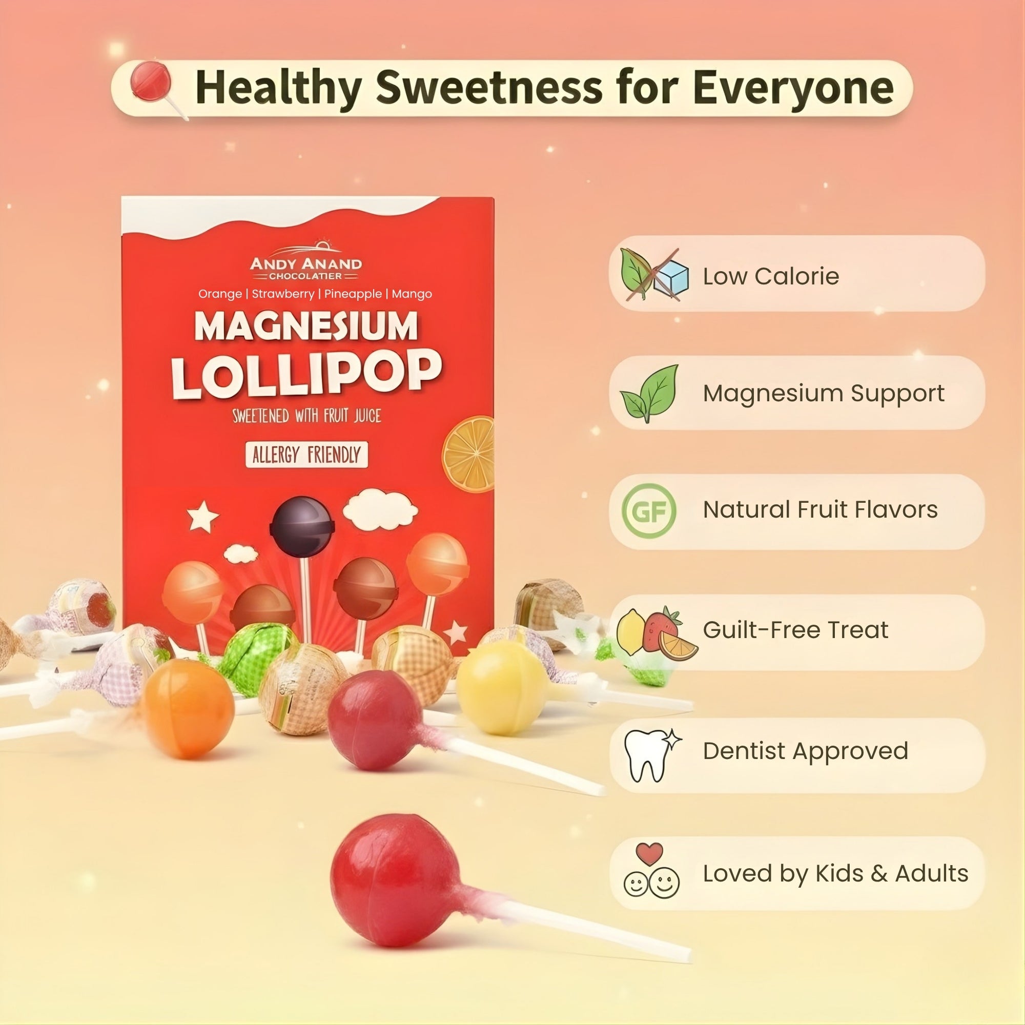 Andy Anand Sugar - Free Magnesium Lollipops & Sweet - Calm Combo, 29 ct, 8.8 oz – Real Fruit Juice, Keto, Kids Support, Birthday Gift Box