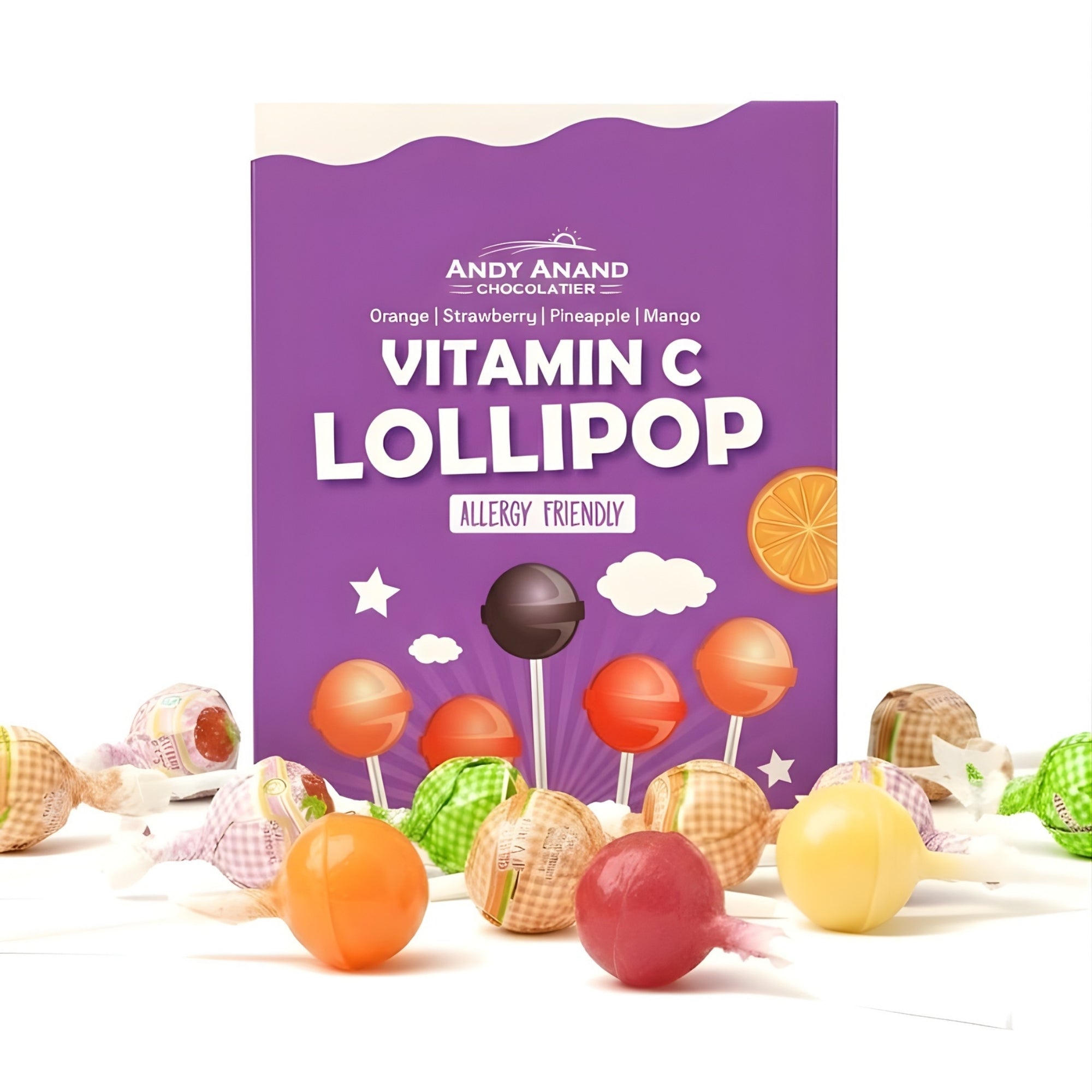 Andy Anand Sugar - Free Vitamin C Lollipops, 29 ct, 8.8 oz – Real Fruit Juice, Keto, Kids Immune Support, Birthday & Holiday Gift Box