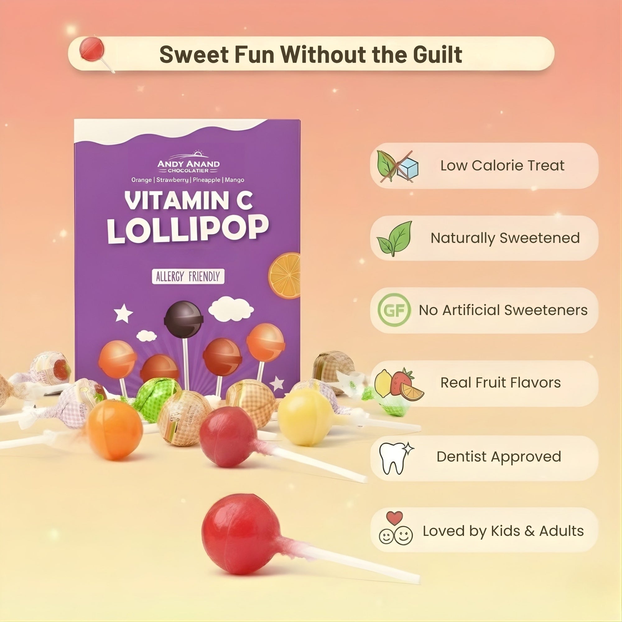 Andy Anand Sugar - Free Vitamin C Lollipops, 29 ct, 8.8 oz – Real Fruit Juice, Keto, Kids Immune Support, Birthday & Holiday Gift Box