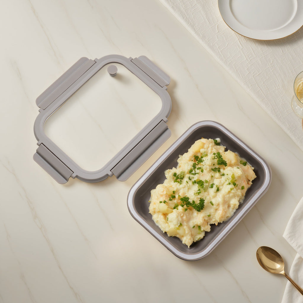 Genicook Stoneware Food Container with Glass Lid, Mineral Gray