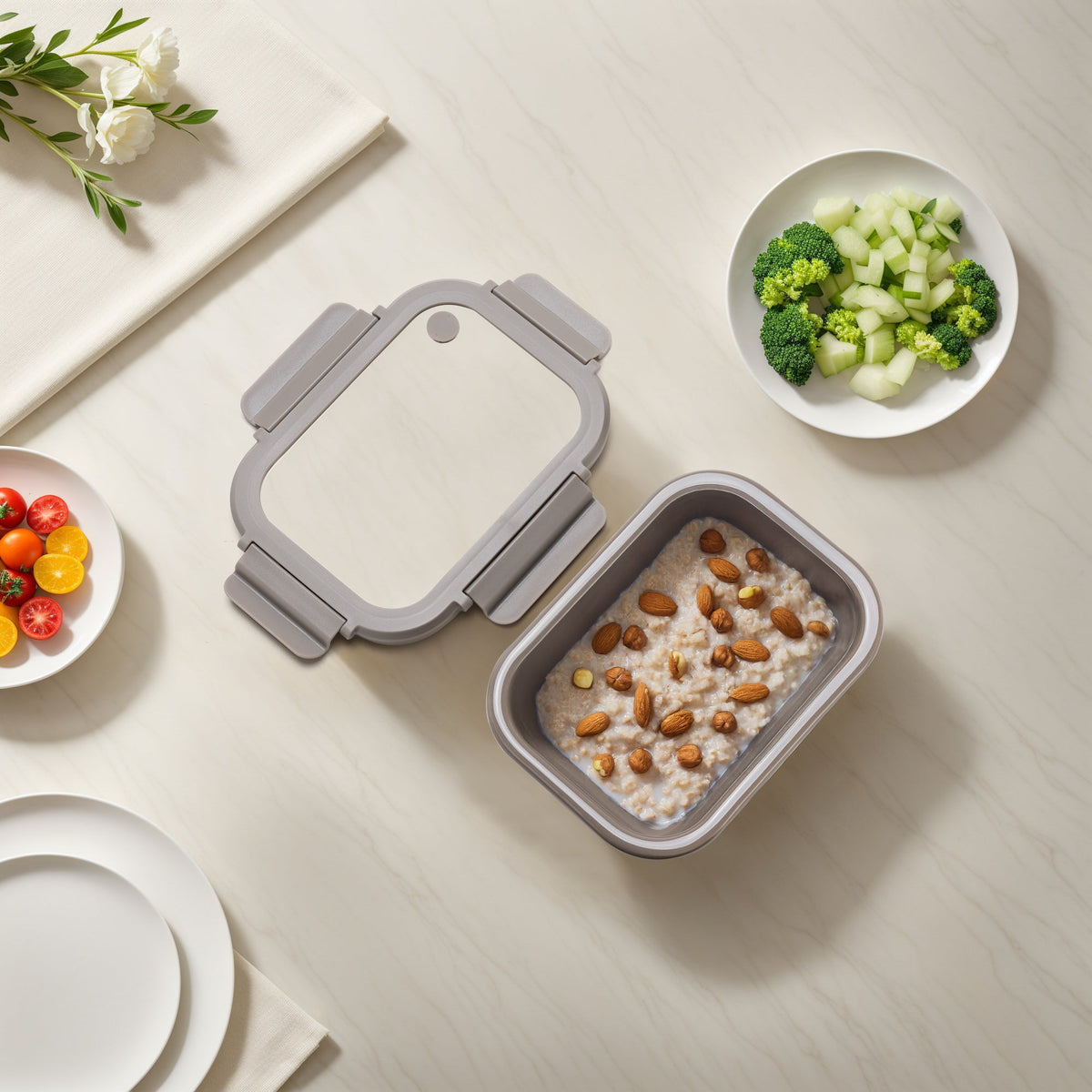 Genicook Stoneware Food Container with Glass Lid, Mineral Gray