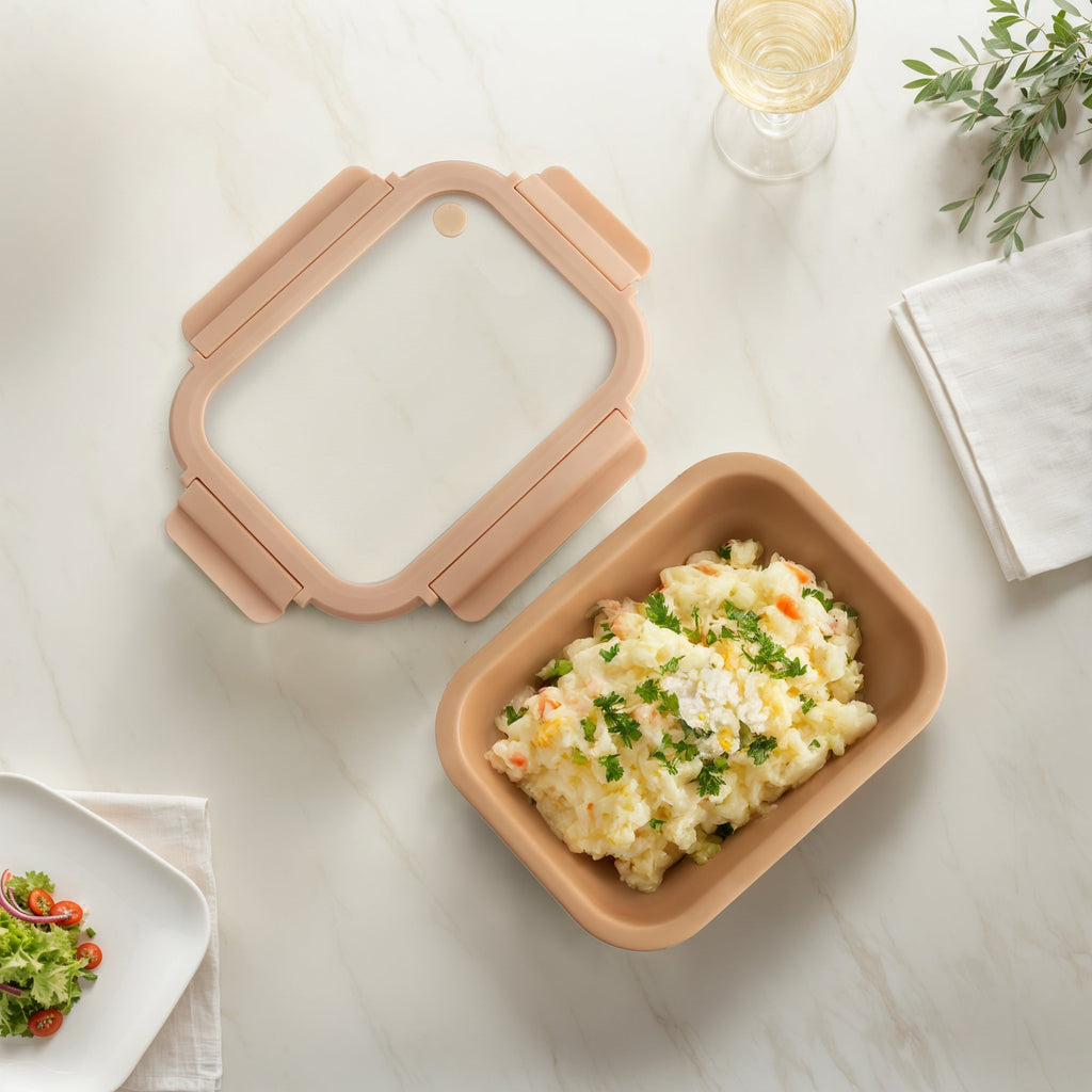 Genicook Stoneware Food Container with Glass Lid, Honey