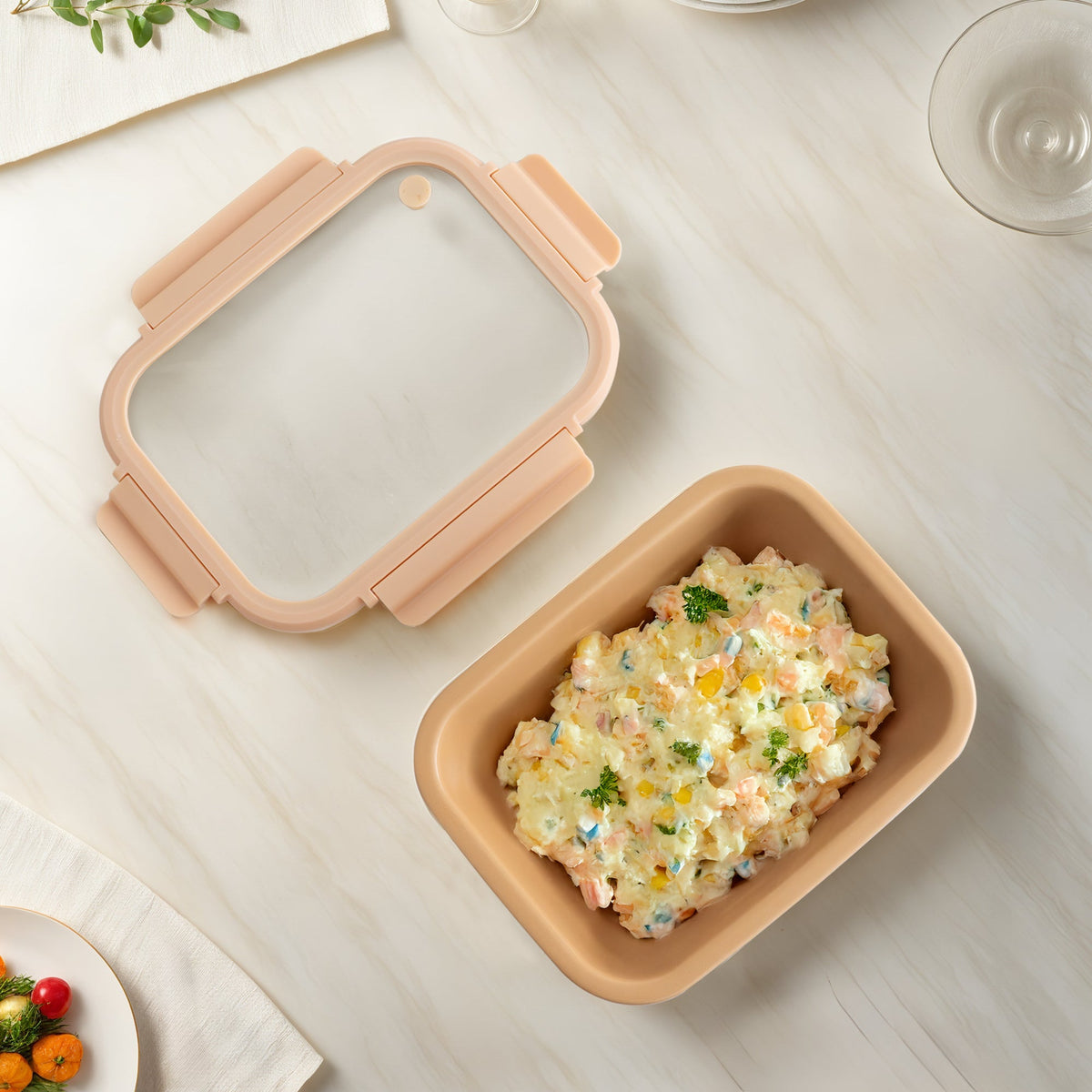 Genicook Stoneware Food Container with Glass Lid, Honey