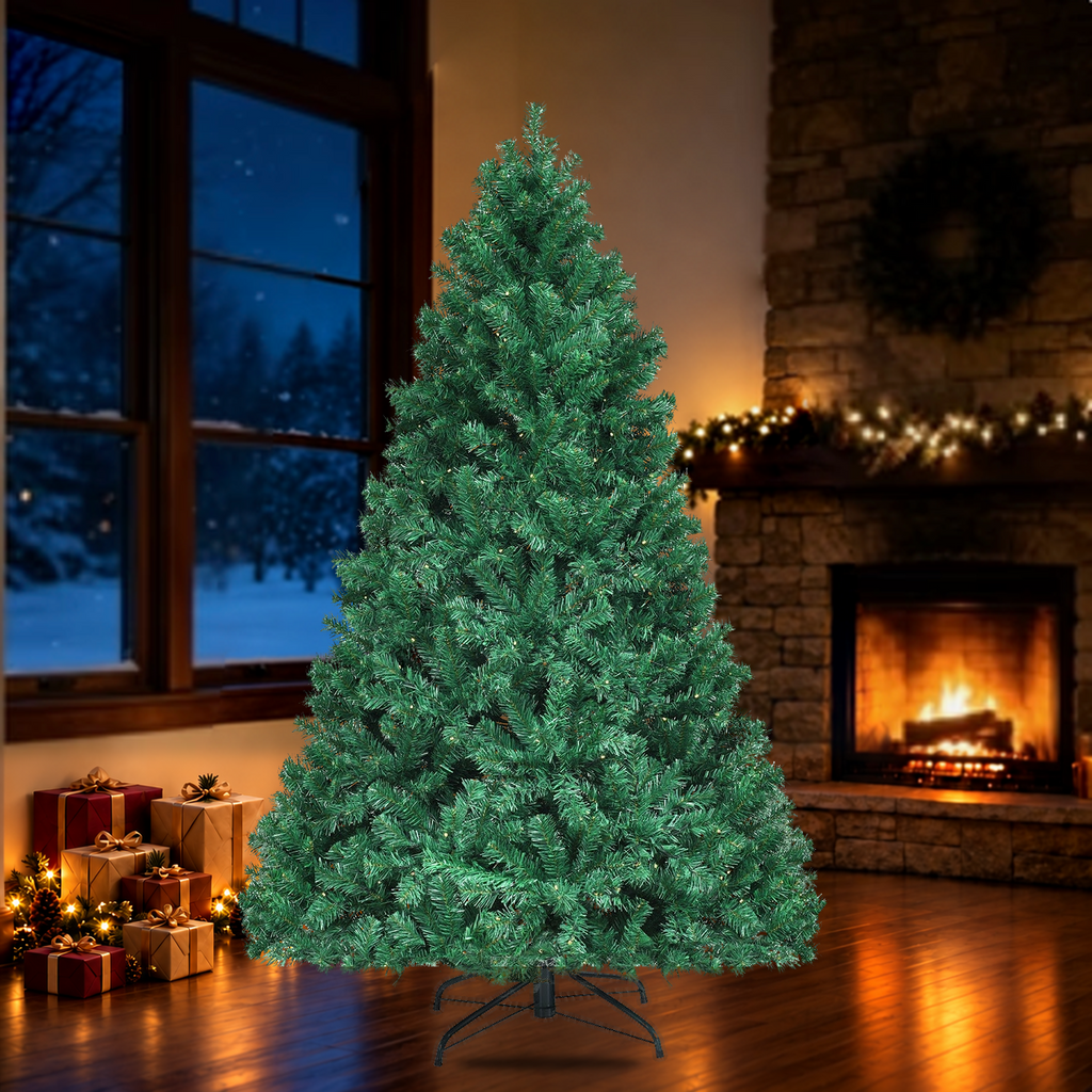 Artificial Christmas tree with included stand in a holiday room