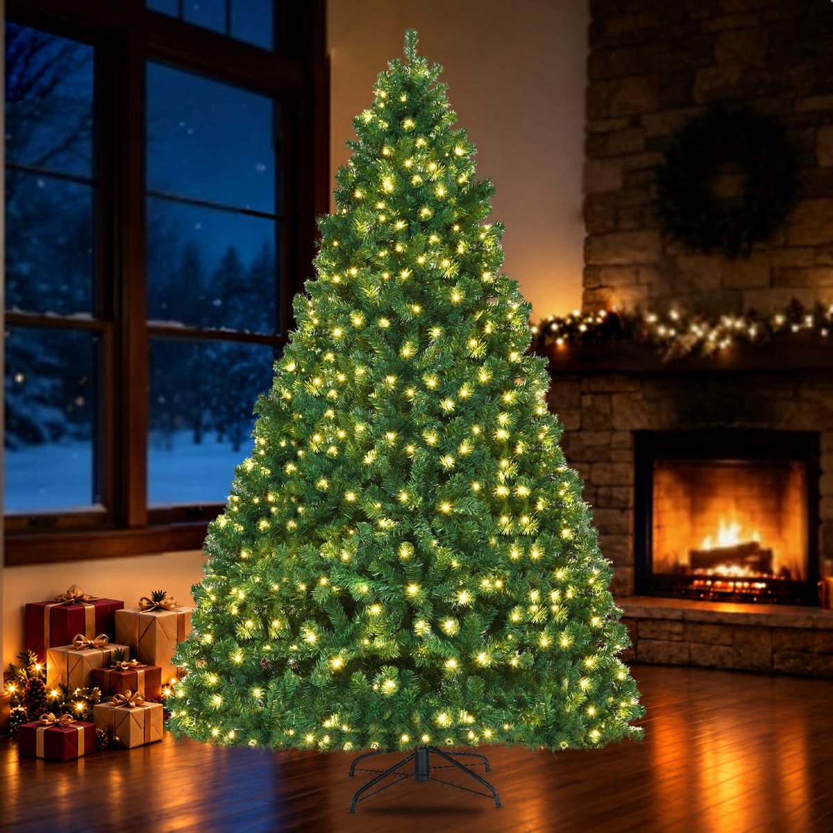 Artificial Christmas tree with included stand in a holiday room