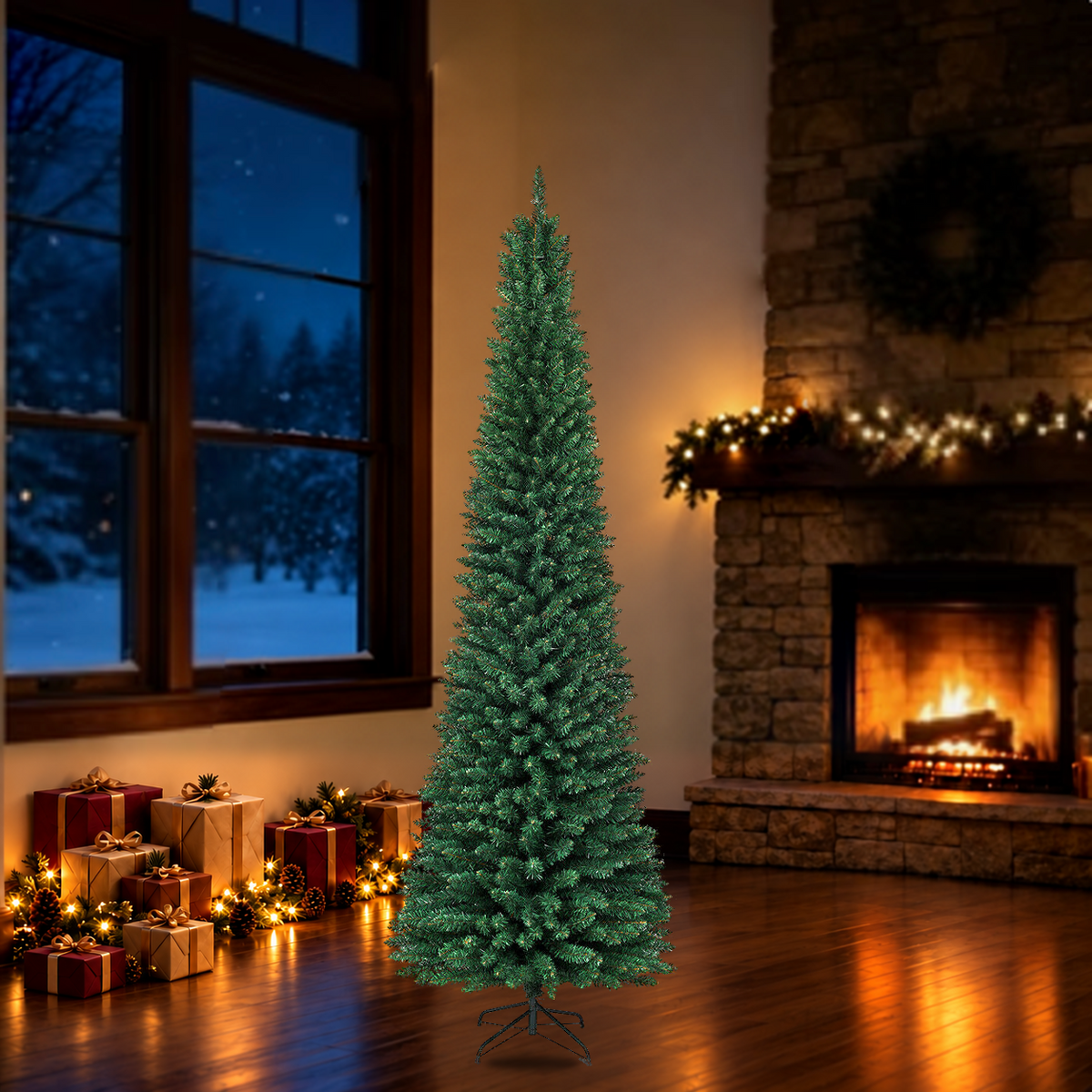 Artificial Christmas tree shown in a holiday room