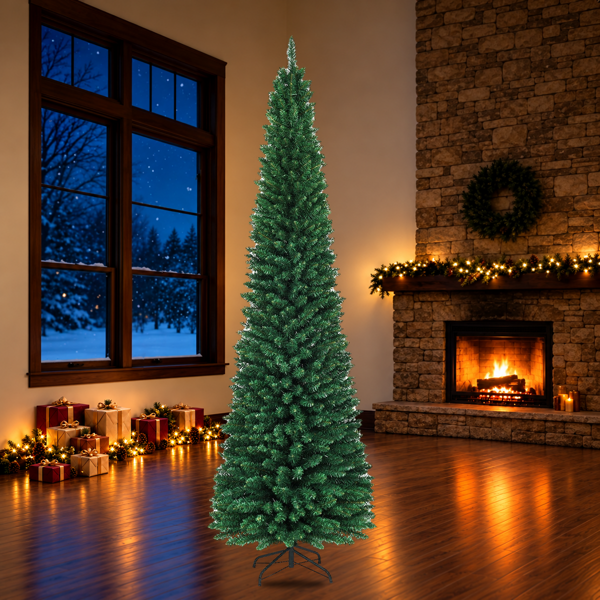 Artificial Christmas tree with included stand in a holiday room