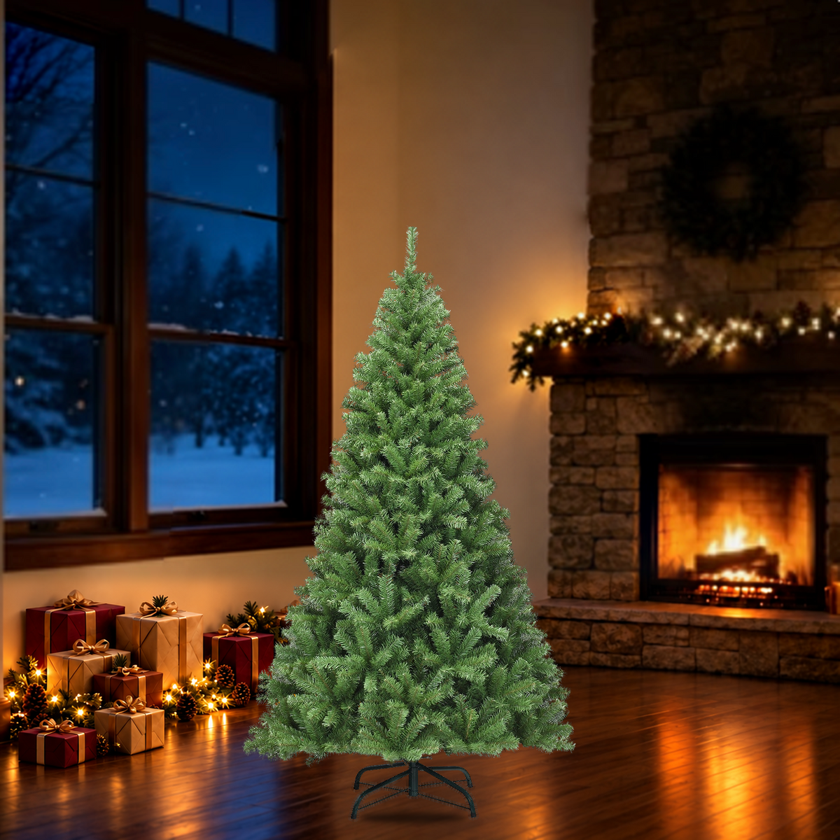 Artificial Christmas tree with included stand in a holiday room
