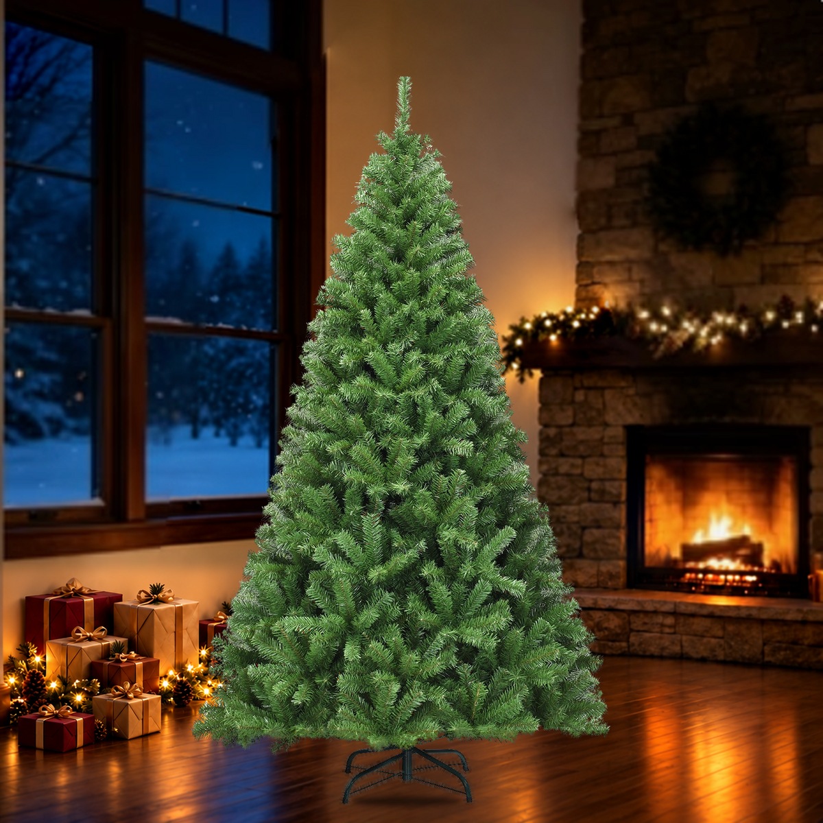 Artificial Christmas tree with included stand in a holiday room