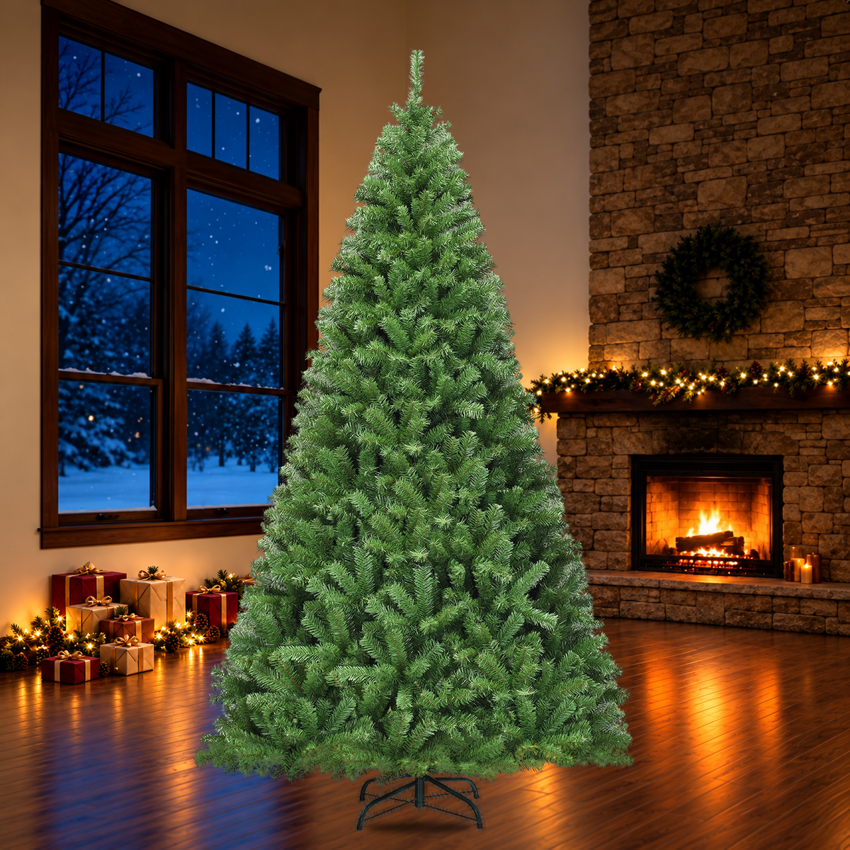 Artificial Christmas tree with included stand in a holiday room
