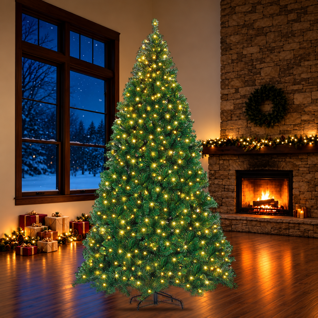 Artificial Christmas tree with included stand in a holiday room