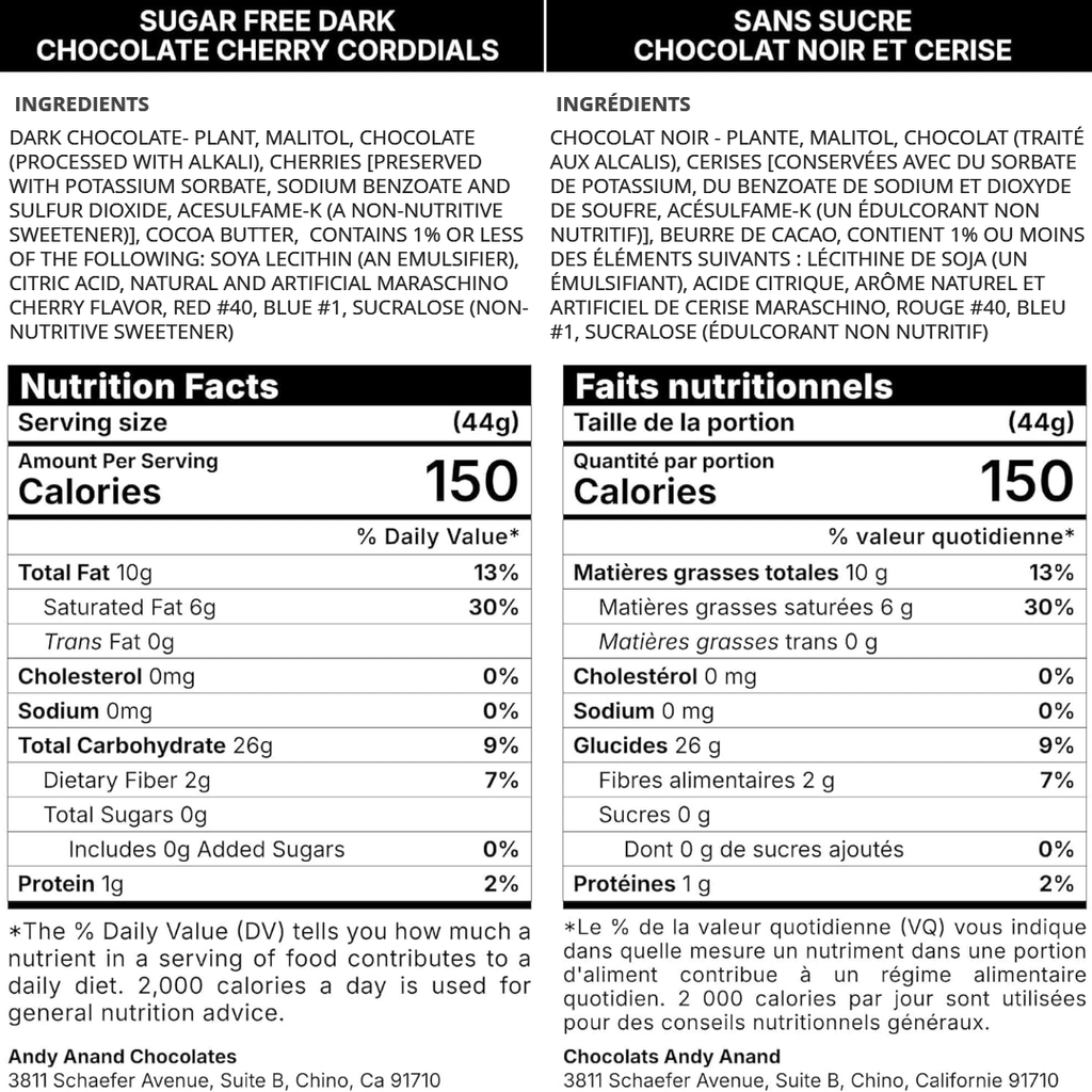 Andy Anand Sugar - Free Belgian Dark Chocolate Cherry Cordials Truffles, 25 pc – Plant - Based, Liquid Center, Diabetic - Friendly, Birthday Gift Box