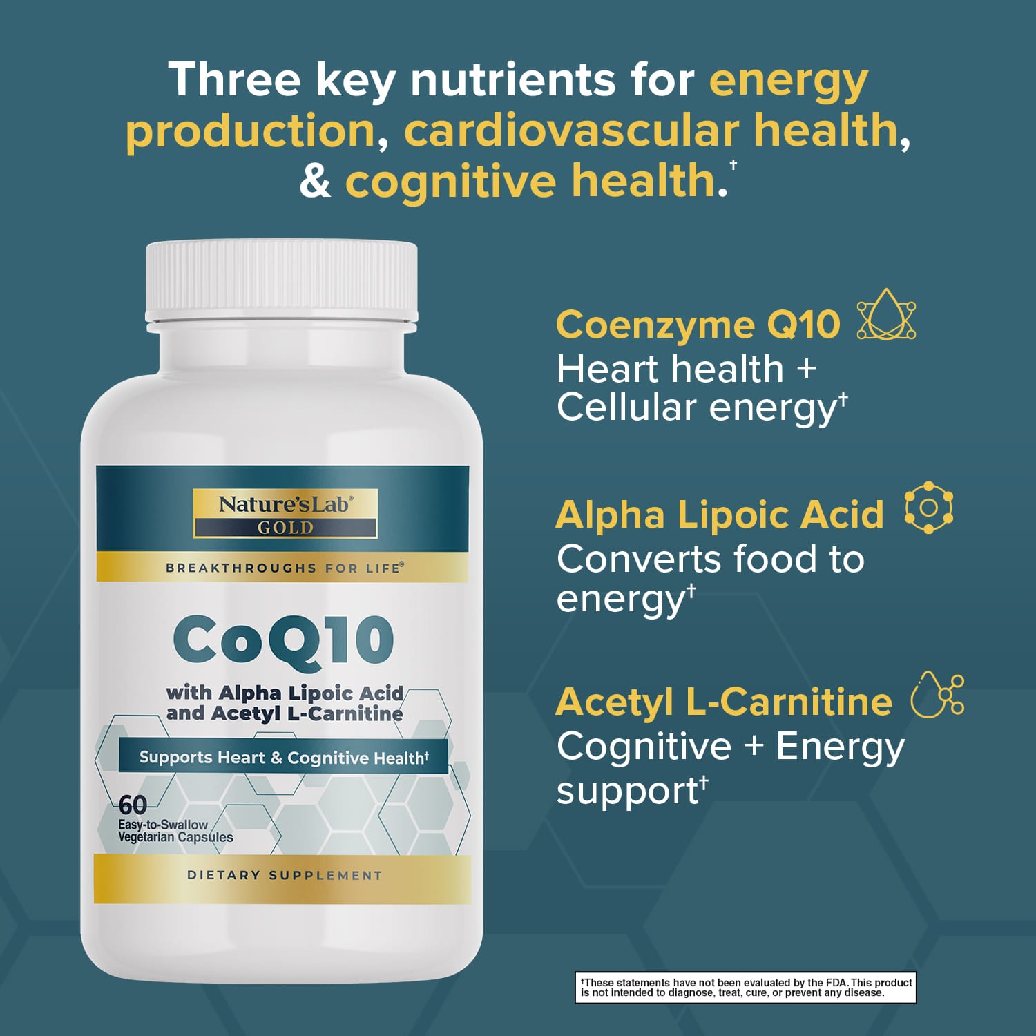 Gold CoQ10 + Alpha Lipoic Acid + Acetyl L-Carnitine HCl - 60 Capsules