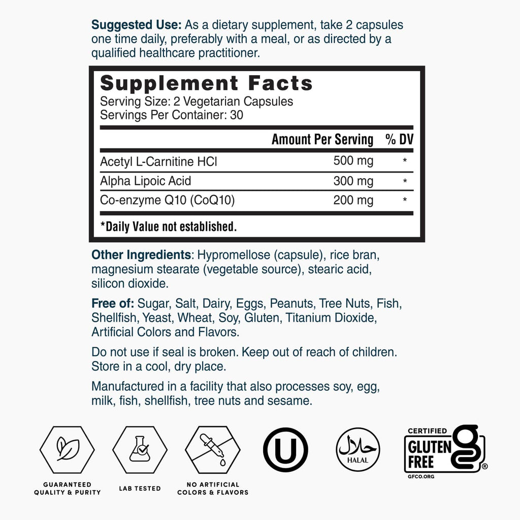 Gold CoQ10 + Alpha Lipoic Acid + Acetyl L-Carnitine HCl - 60 Capsules