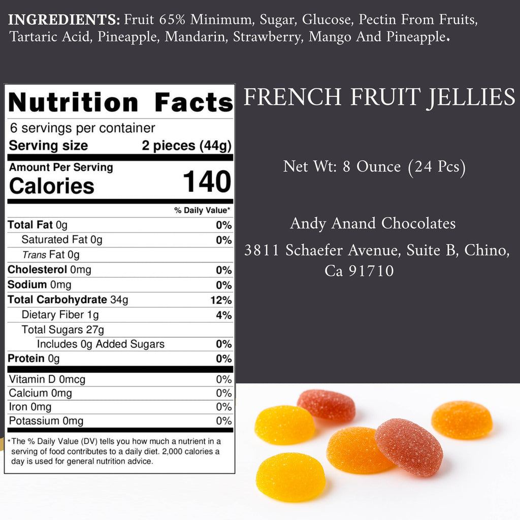 Andy Anand French Pates de Fruits Fruit Jellies, 65% Fruit, 24 pc – Imported French Candy Confection, Natural Fruit Flavors, Gourmet Birthday & Holiday Gift