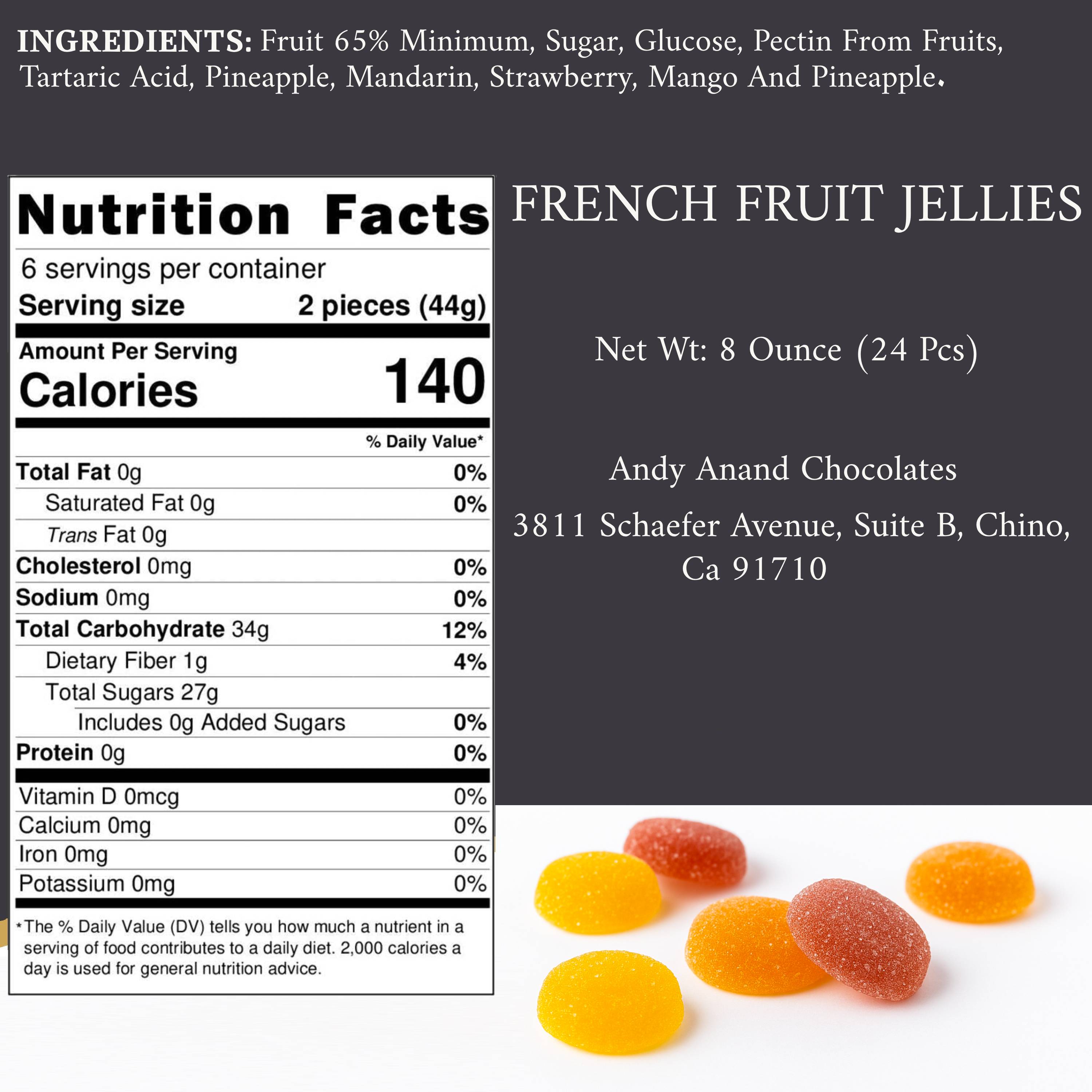 Andy Anand French Pates de Fruits Fruit Jellies, 65% Fruit, 24 pc – Imported French Candy Confection, Natural Fruit Flavors, Gourmet Birthday & Holiday Gift